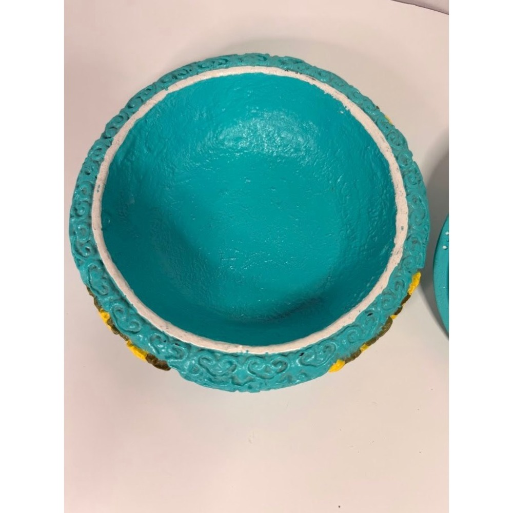 Vintage Turquoise Blue Round Trinket Box Yellow Raised Floral Relief Florentine - Picture 8 of 9